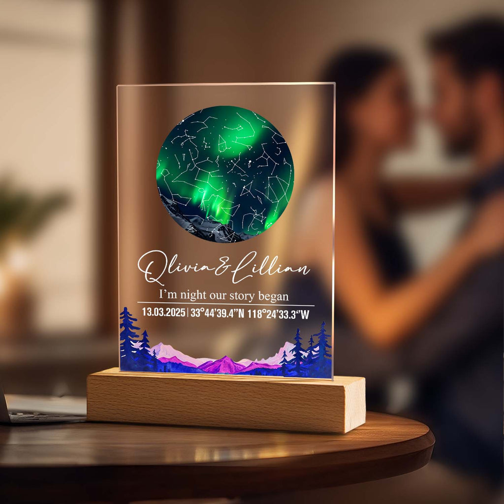Custom Star Map Night Light Acrylic Lamp with Date Text and Wooden Base Home Decor for Valentine's Day Anniversary Gift for Couples