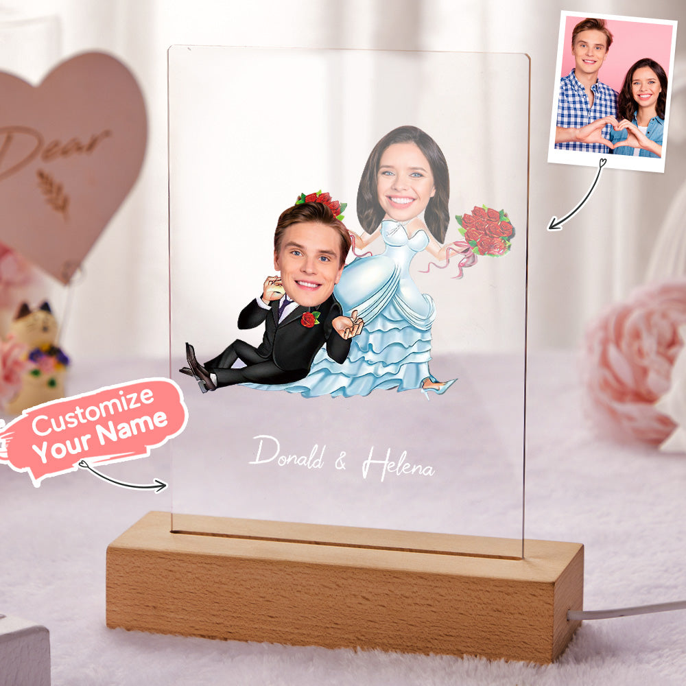 Personalized Couple Photo and Name Acrylic Led Lamp Wooden Base