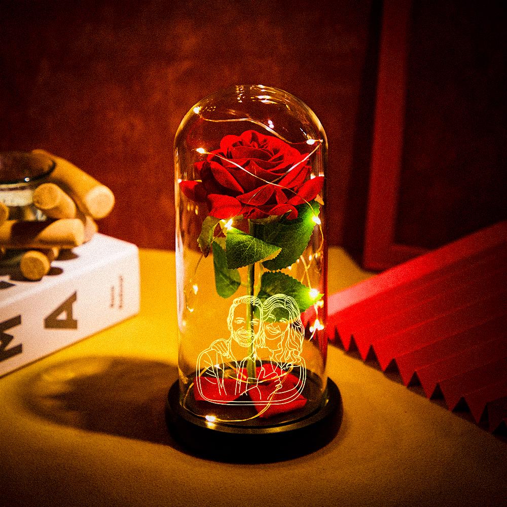 Custom Photo Line Drawing Eternal Rose Flower LED Night Light Romantic Simulation Eternal Rose Flower Glass Cover for Anniversary Valentine's Day Gift