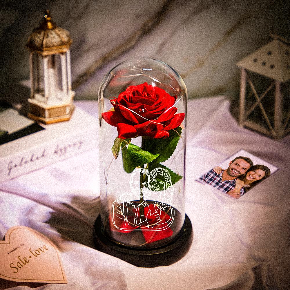 Custom Photo Line Drawing Eternal Rose Flower LED Night Light Romantic Simulation Eternal Rose Flower Glass Cover for Anniversary Valentine's Day Gift