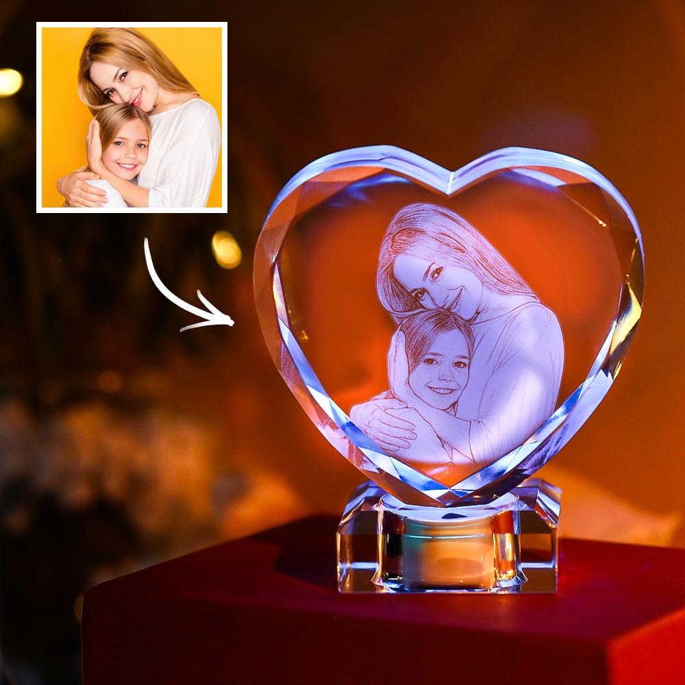 Heart Crystal Photo Frame with Light Up LED Base Exclusive Large Photo Crystal Heart Laser Gift For Mom