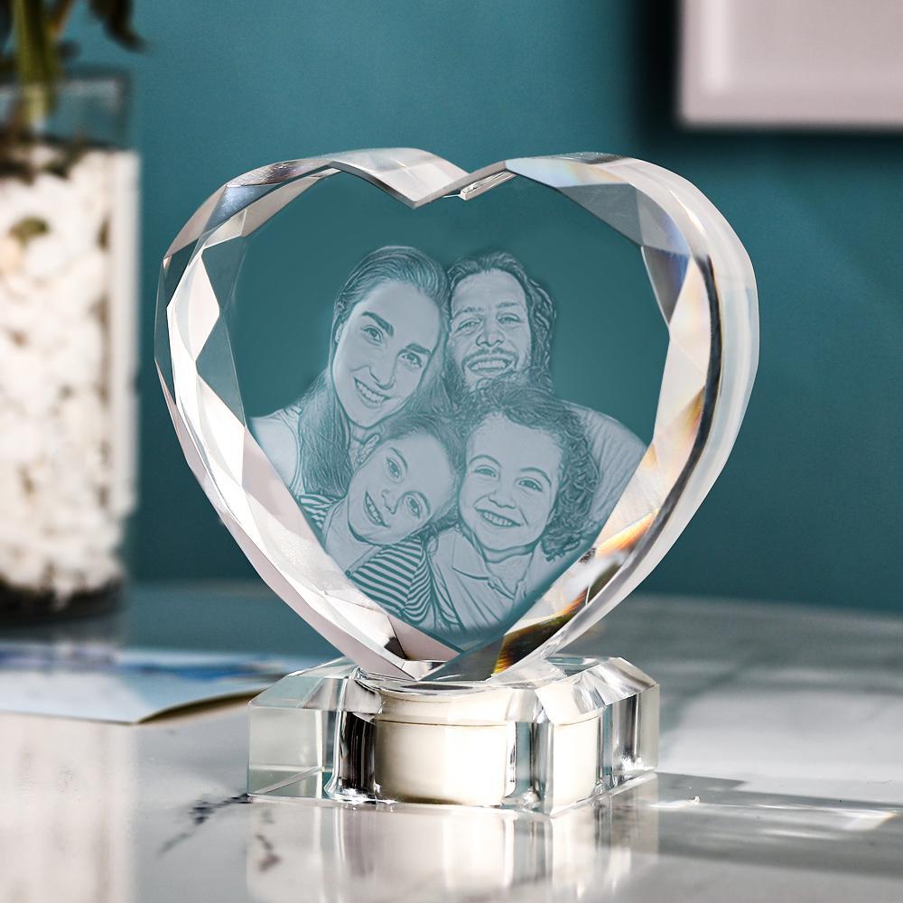 Heart Crystal Photo Frame with Light Up LED Base Exclusive Large Photo Crystal Heart  Laser Gifts for A Family of Four