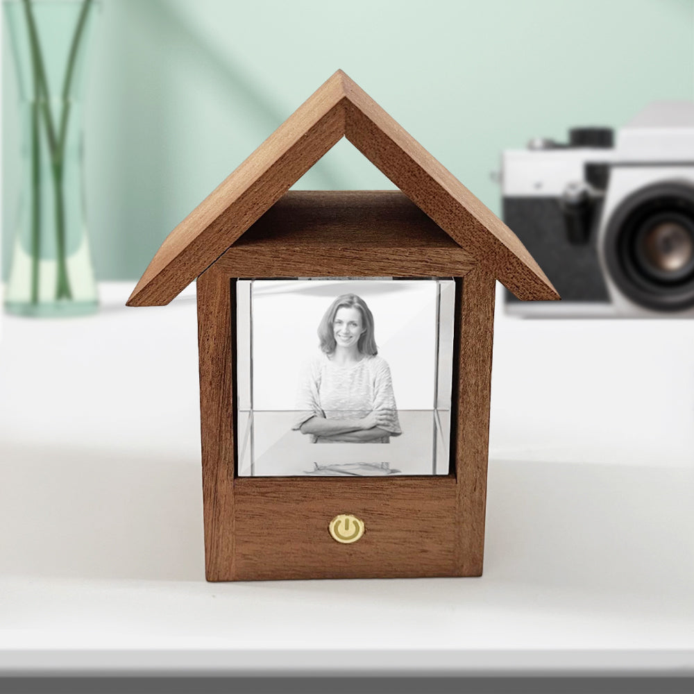 Custom 3D Crystal Photo Wooden House Night Light Home Decorative Lamp Gift