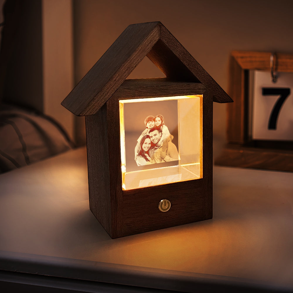 Custom 3D Crystal Photo Wooden House Night Light Home Decorative Lamp Gift