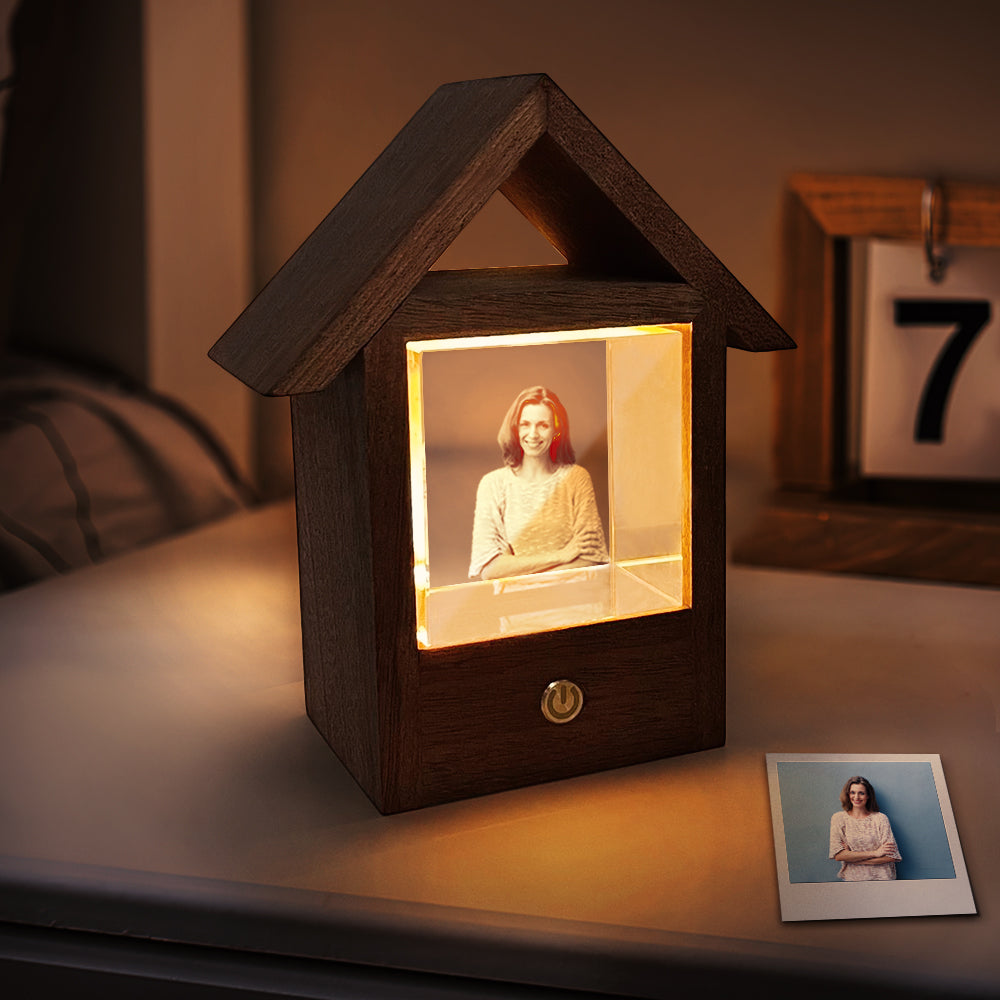 Custom 3D Crystal Photo Wooden House Night Light Home Decorative Lamp Gift