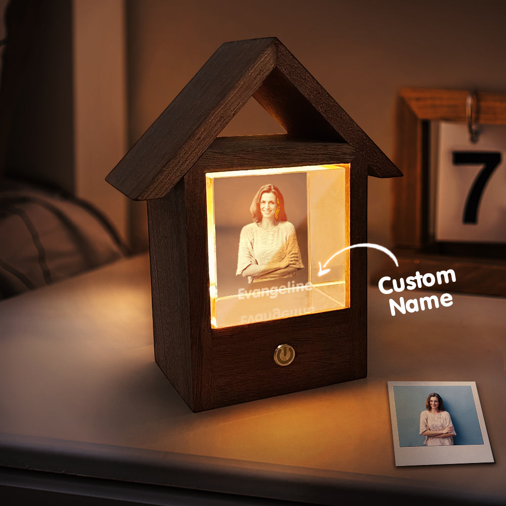Custom 3D Crystal Photo Wooden House Night Light Home Decorative Lamp Gift