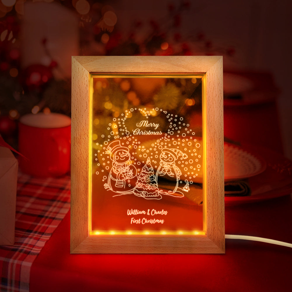 Custom Christmas Night Light Personalized 3D Couple Snowmen Wooden Frame Lamp Gift