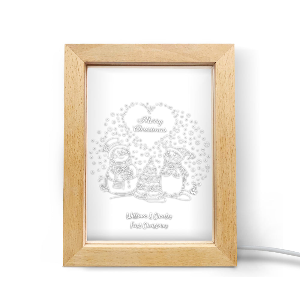 Custom Christmas Night Light Personalized 3D Couple Snowmen Wooden Frame Lamp Gift