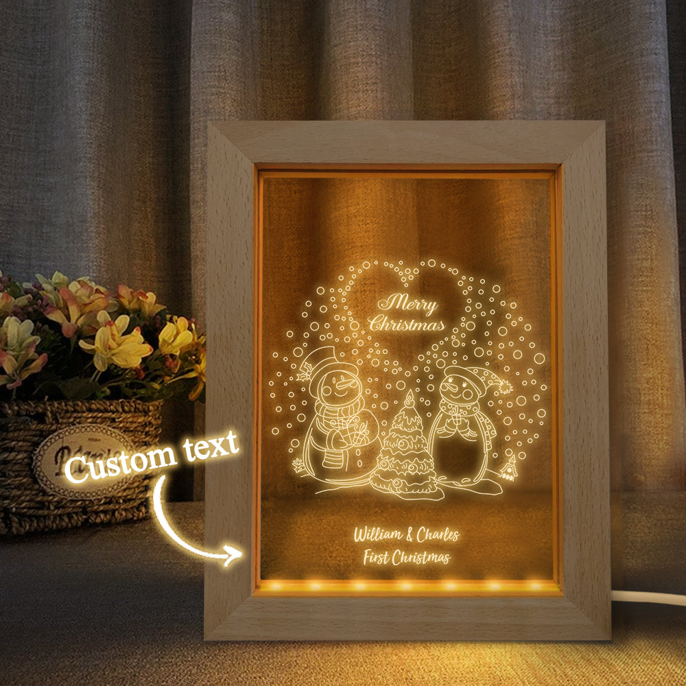 Custom Christmas Night Light Personalized 3D Couple Snowmen Wooden Frame Lamp Gift