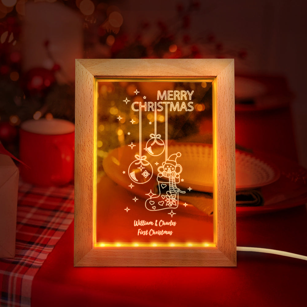 Custom Christmas Night Light Personalized 3D Christmas Socks Wooden Frame Lamp Gift