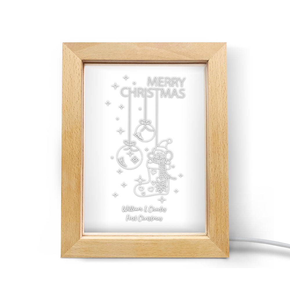 Custom Christmas Night Light Personalized 3D Christmas Socks Wooden Frame Lamp Gift