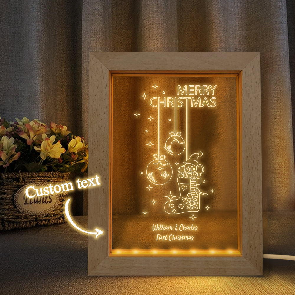 Custom Christmas Night Light Personalized 3D Christmas Socks Wooden Frame Lamp Gift
