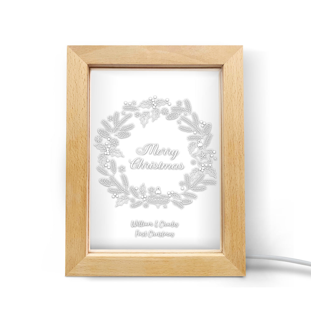 Custom Christmas Night Light Personalized 3D Christmas Wreath Wooden Frame Lamp Gift