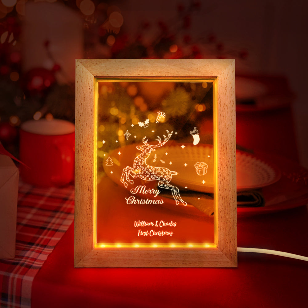 Custom Christmas Night Light Personalized 3D Elk Wooden Frame Lamp Gift