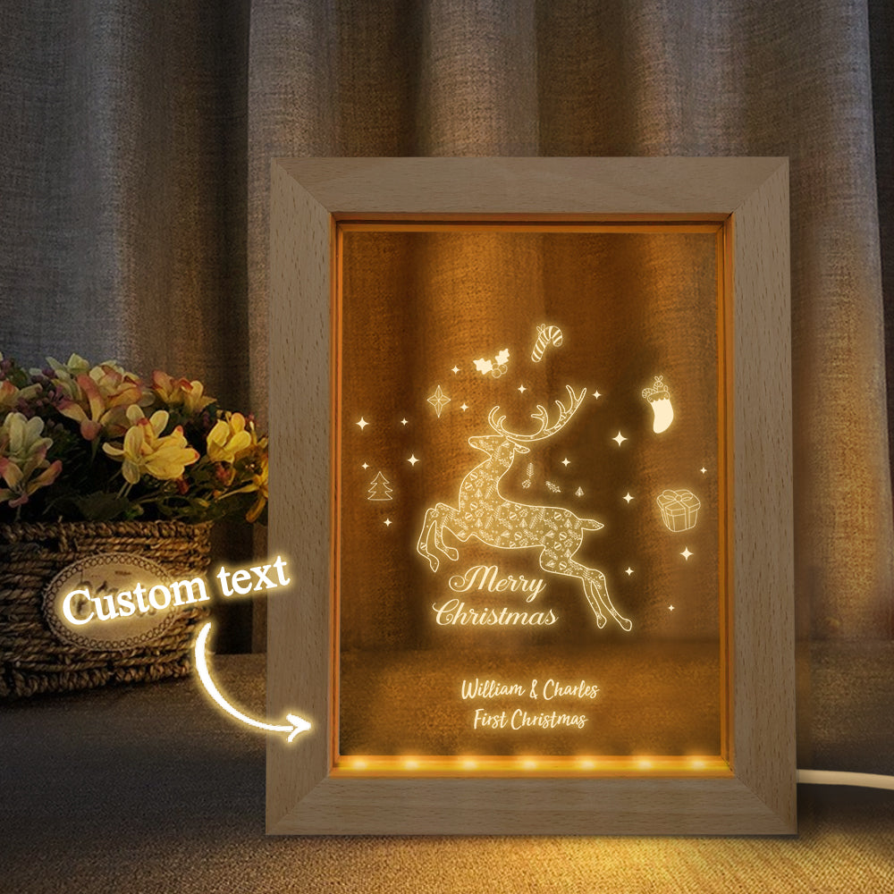Custom Christmas Night Light Personalized 3D Elk Wooden Frame Lamp Gift