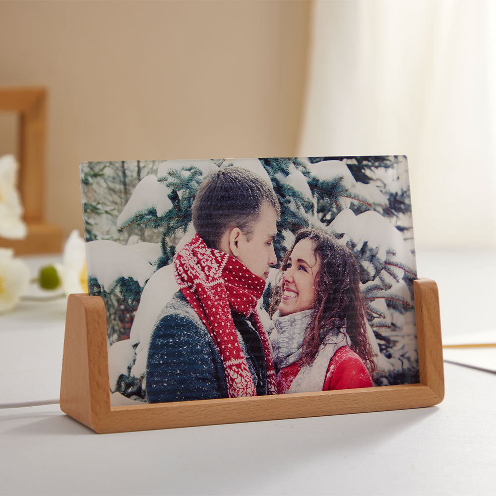 Custom Photo Night Light Personalized Acrylic Wooden Lamp Anniversary Gift