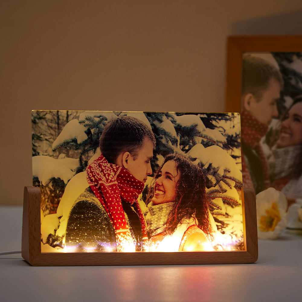Custom Photo Night Light Personalized Acrylic Wooden Lamp Anniversary Gift