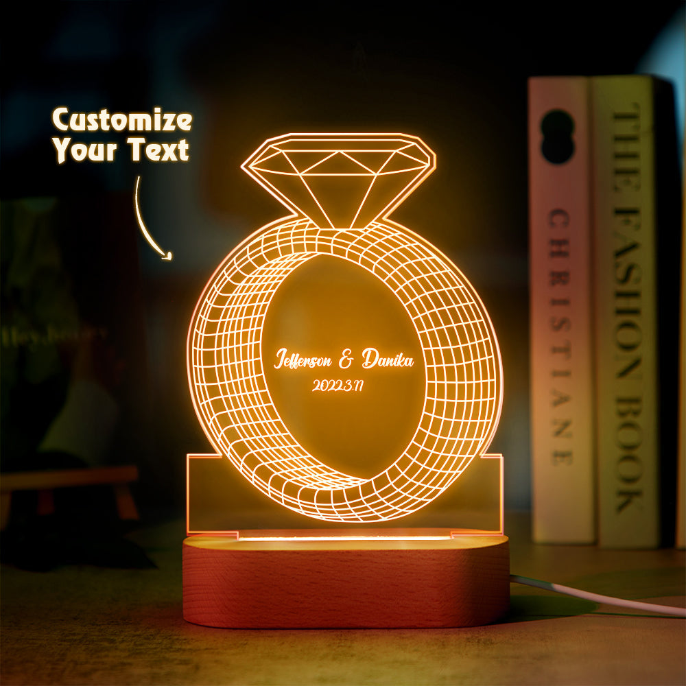 Personalized Text Diamond Ring Colorful Lamp Custom Acrylic 3D Printed Night Light Proposal Anniversary Day Gift