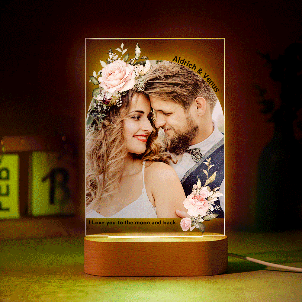 Custom Photo Print with Flowers Colorful Lamp Personalized Acrylic Night Light Engagement Gift