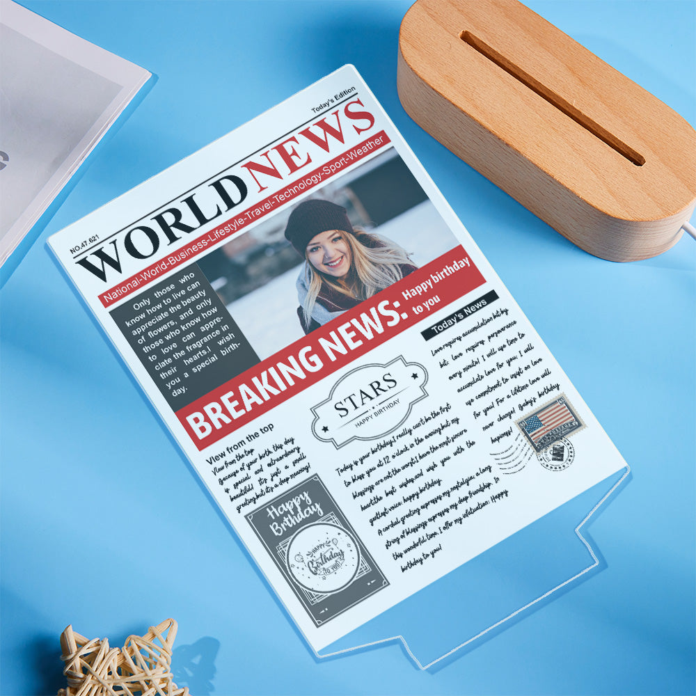 Custom Photo News Acrylic Sign Colorful Lamp Personalized 3D Printed Night Light Birthday Gifts