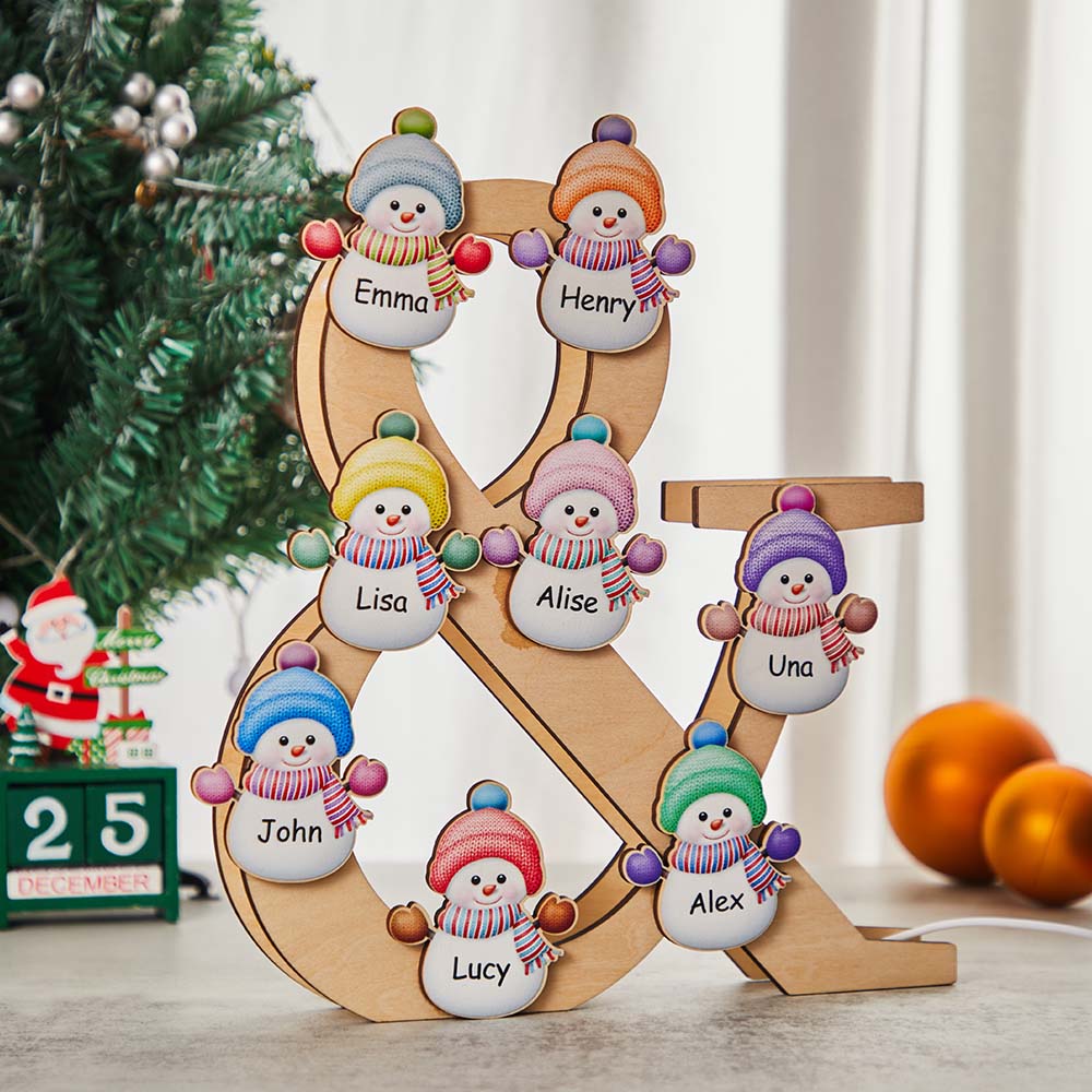 Personalized Snowman Family Name Lamp Custom Wooden Night Light Christmas Day Gift
