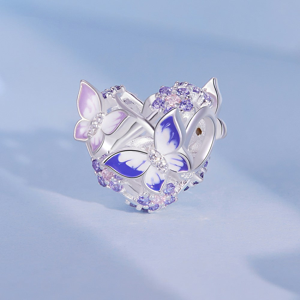 Heart Shaped Butterfly Charm Silver