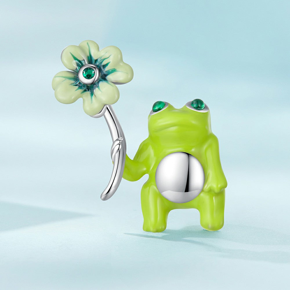 Lucky Clover Frog Green Charm Silver