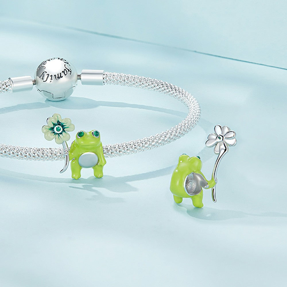 Lucky Clover Frog Green Charm Silver