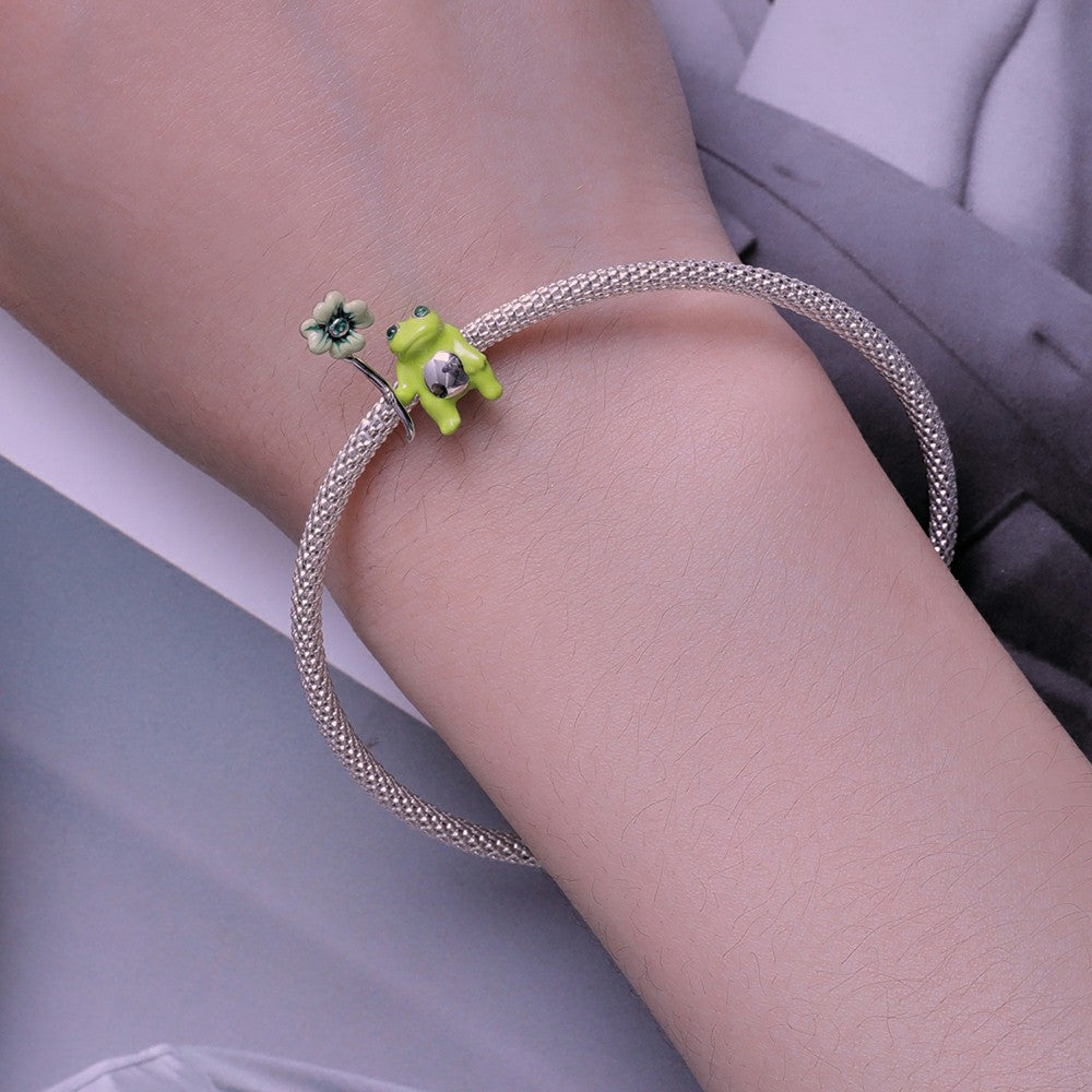 Lucky Clover Frog Green Charm Silver