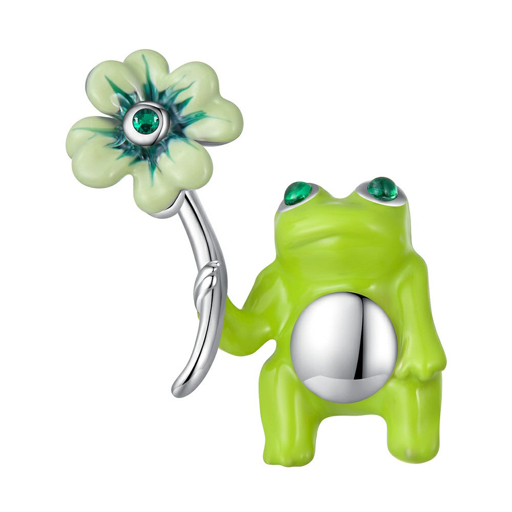 Lucky Clover Frog Green Charm Silver