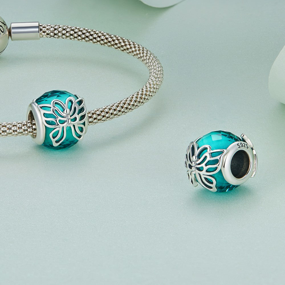 Butterfly Glass Lake Green Glass Charm Silver