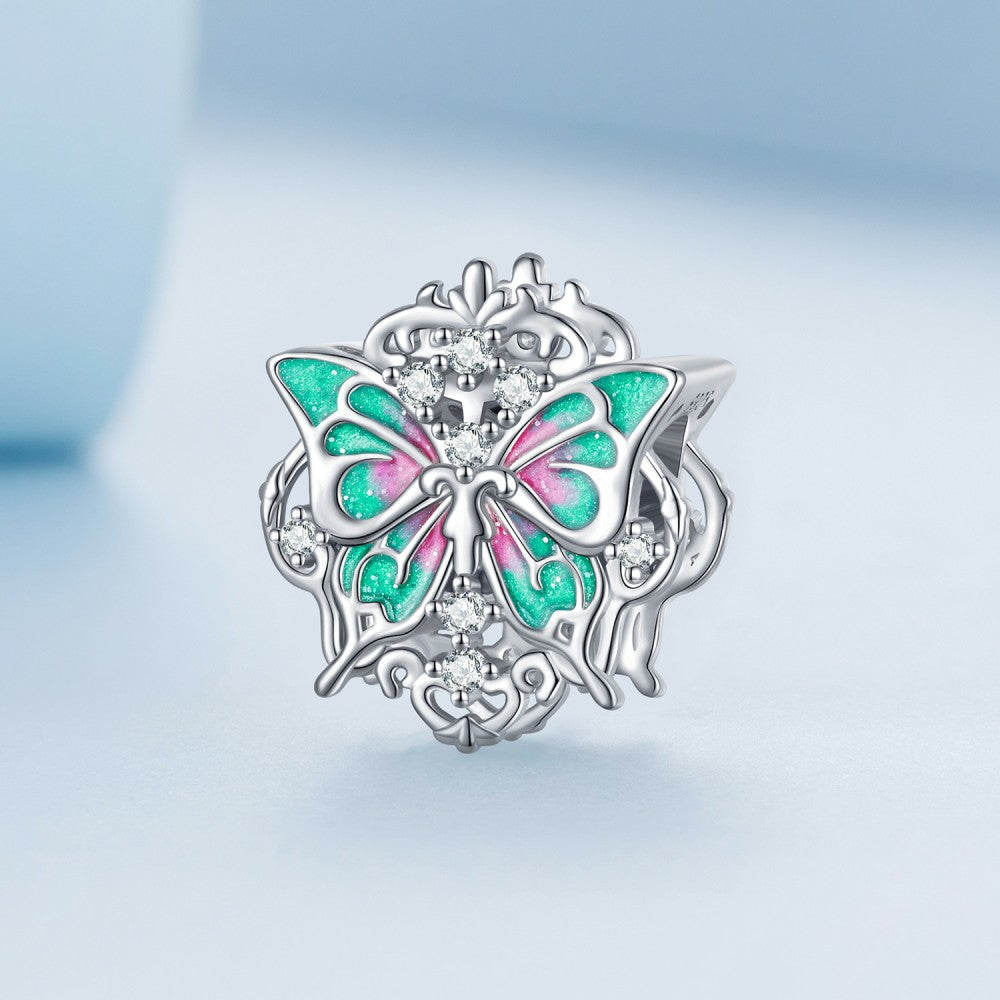 Baroque Butterfly Green Pink Charm Silver