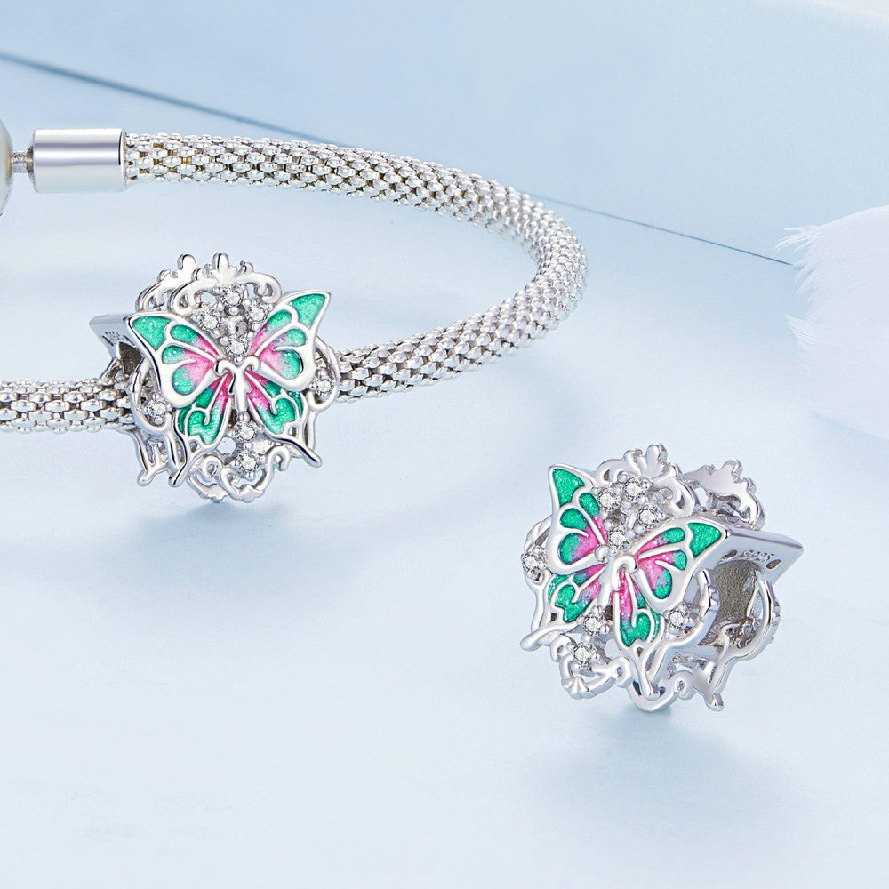 Baroque Butterfly Green Pink Charm Silver