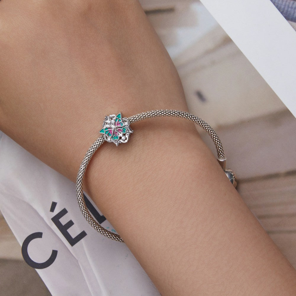 Baroque Butterfly Green Pink Charm Silver