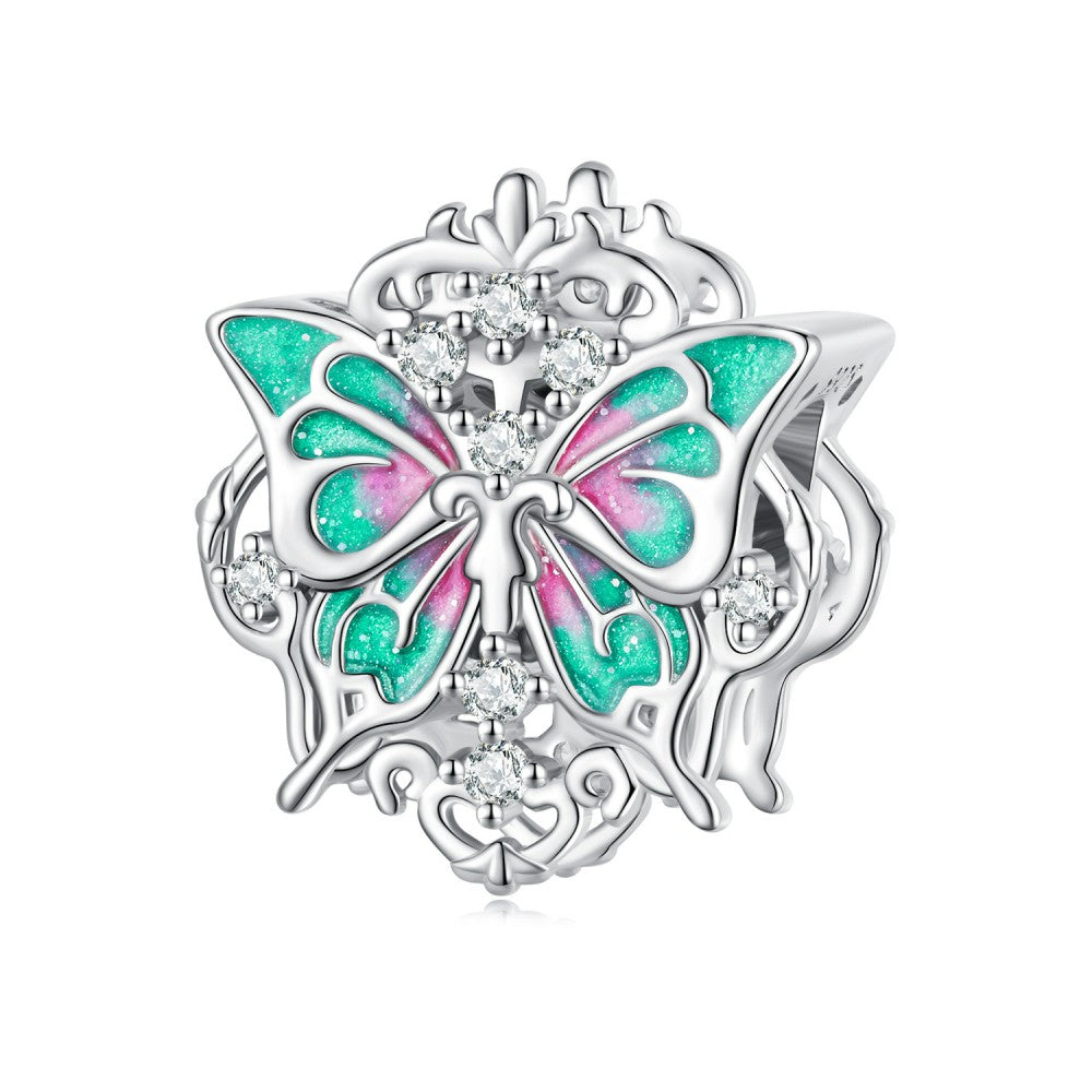 Baroque Butterfly Green Pink Charm Silver