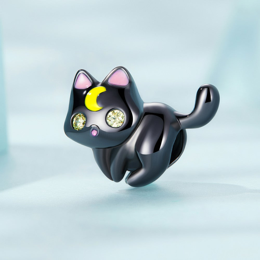 Moon Cat Black Charm Silver
