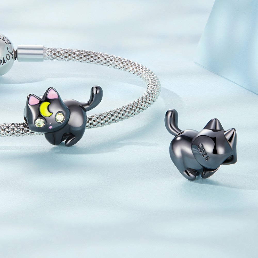 Moon Cat Black Charm Silver