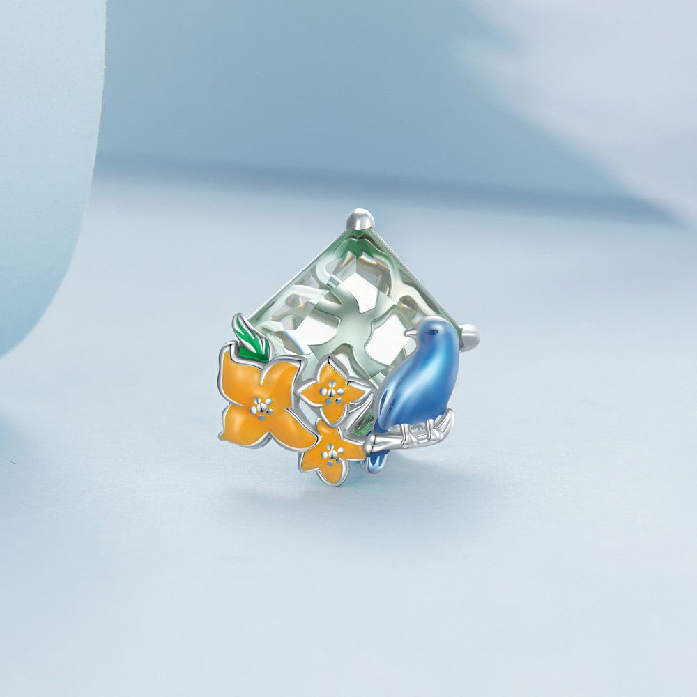Flowers And Birds Blue Orange Charm Silver