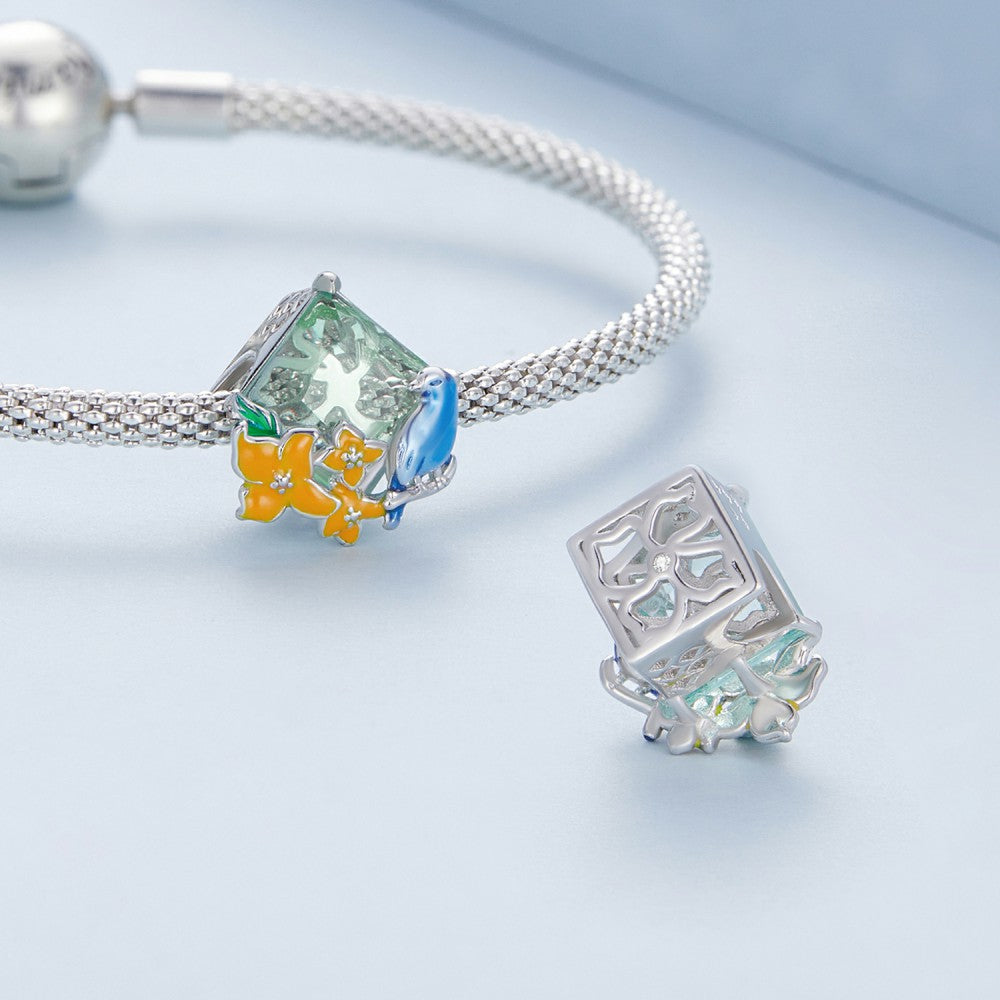 Flowers And Birds Blue Orange Charm Silver