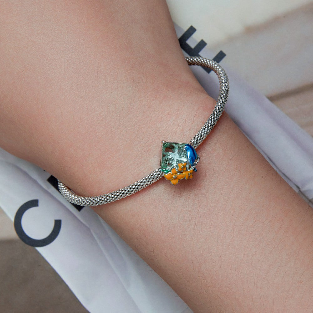 Flowers And Birds Blue Orange Charm Silver