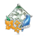 Flowers And Birds Blue Orange Charm Silver