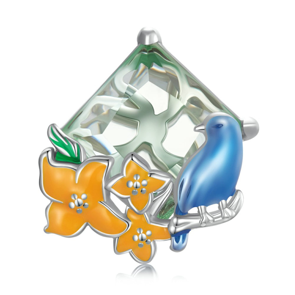 Flowers And Birds Blue Orange Charm Silver