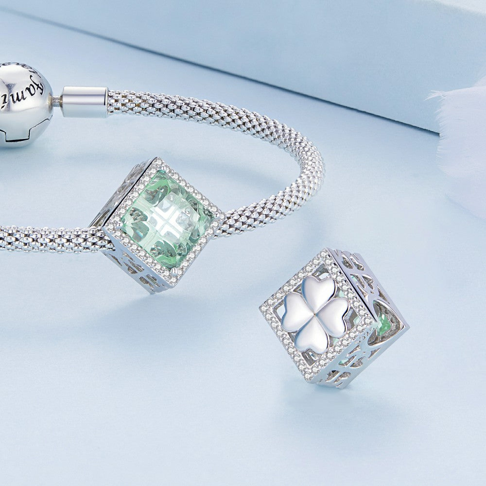 Four Leaf Clover Light Green Charm Silver