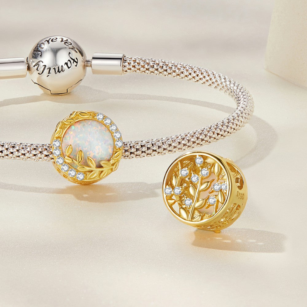 Opal Leaves Gold Charm Silver