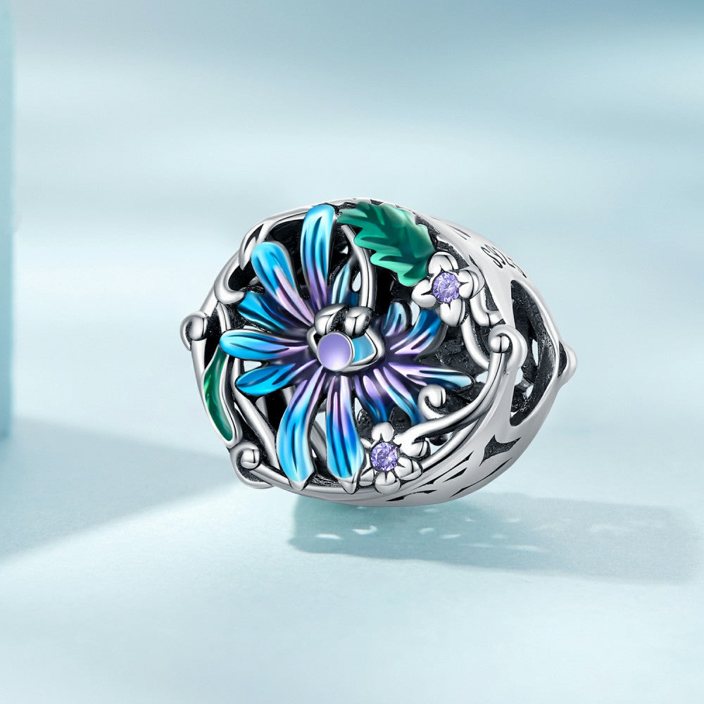 Devil Eye Flower Purple Blue Charm Silver