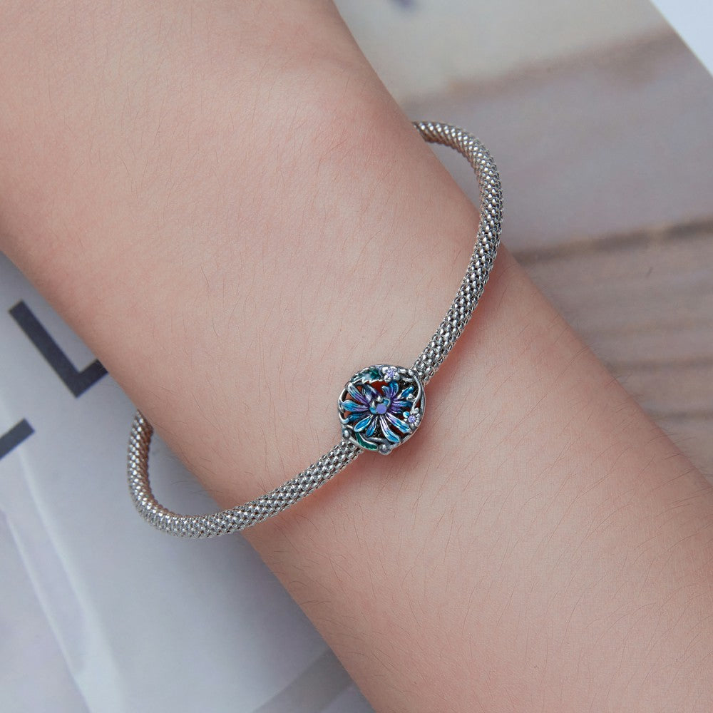 Devil Eye Flower Purple Blue Charm Silver