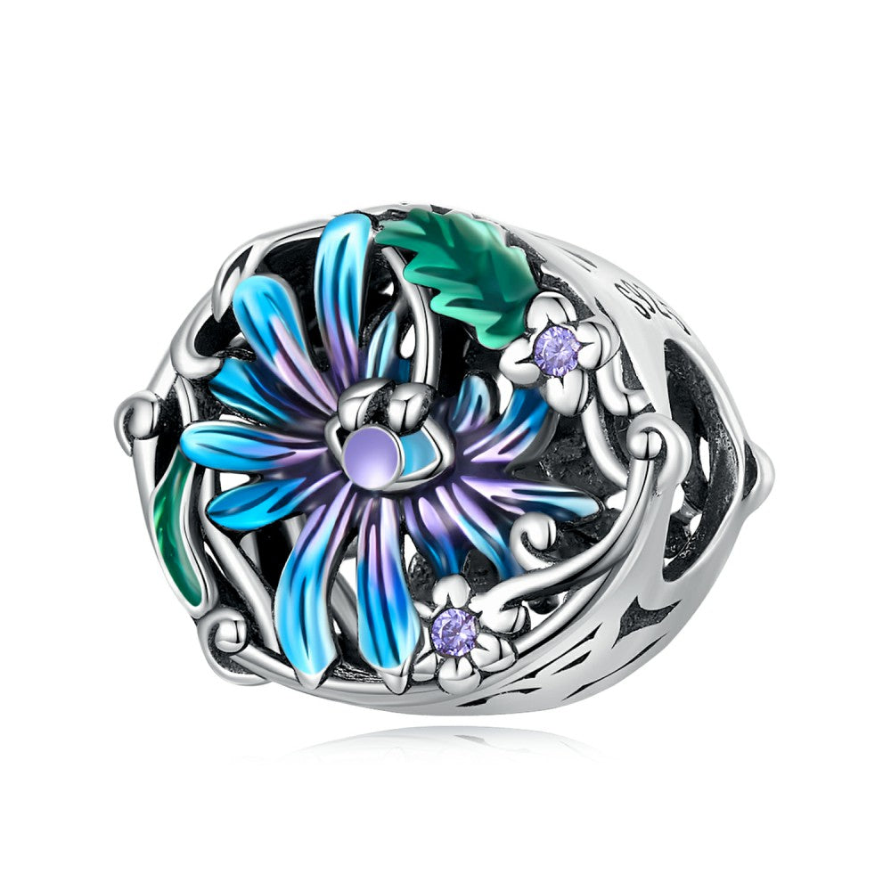 Devil Eye Flower Purple Blue Charm Silver