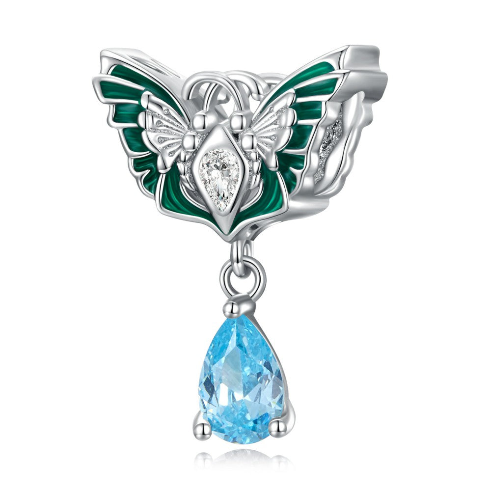 Double Butterfly Green Charm Silver