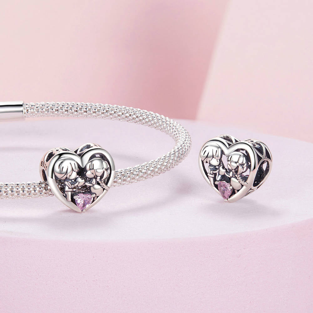 Little Boy and Girl Diamond Hearts Charm Silver Christmas Gifts