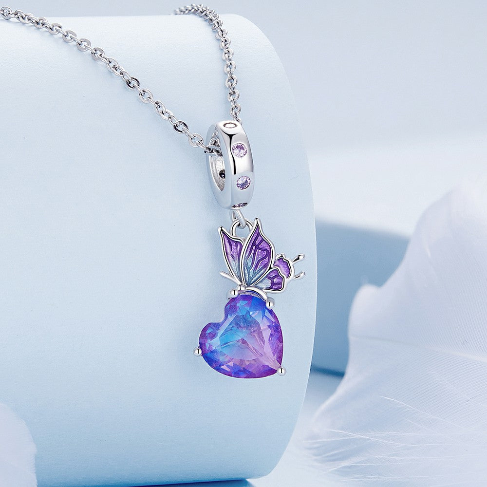 Butterfly with Purple Heart Dangle Charm Silver